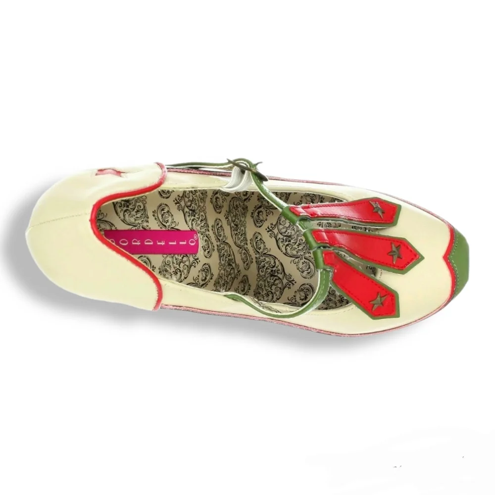 Pleaser Bordello TEEZE-43, cream, red, green, concealed platform, military theme - Picture 10 of 10